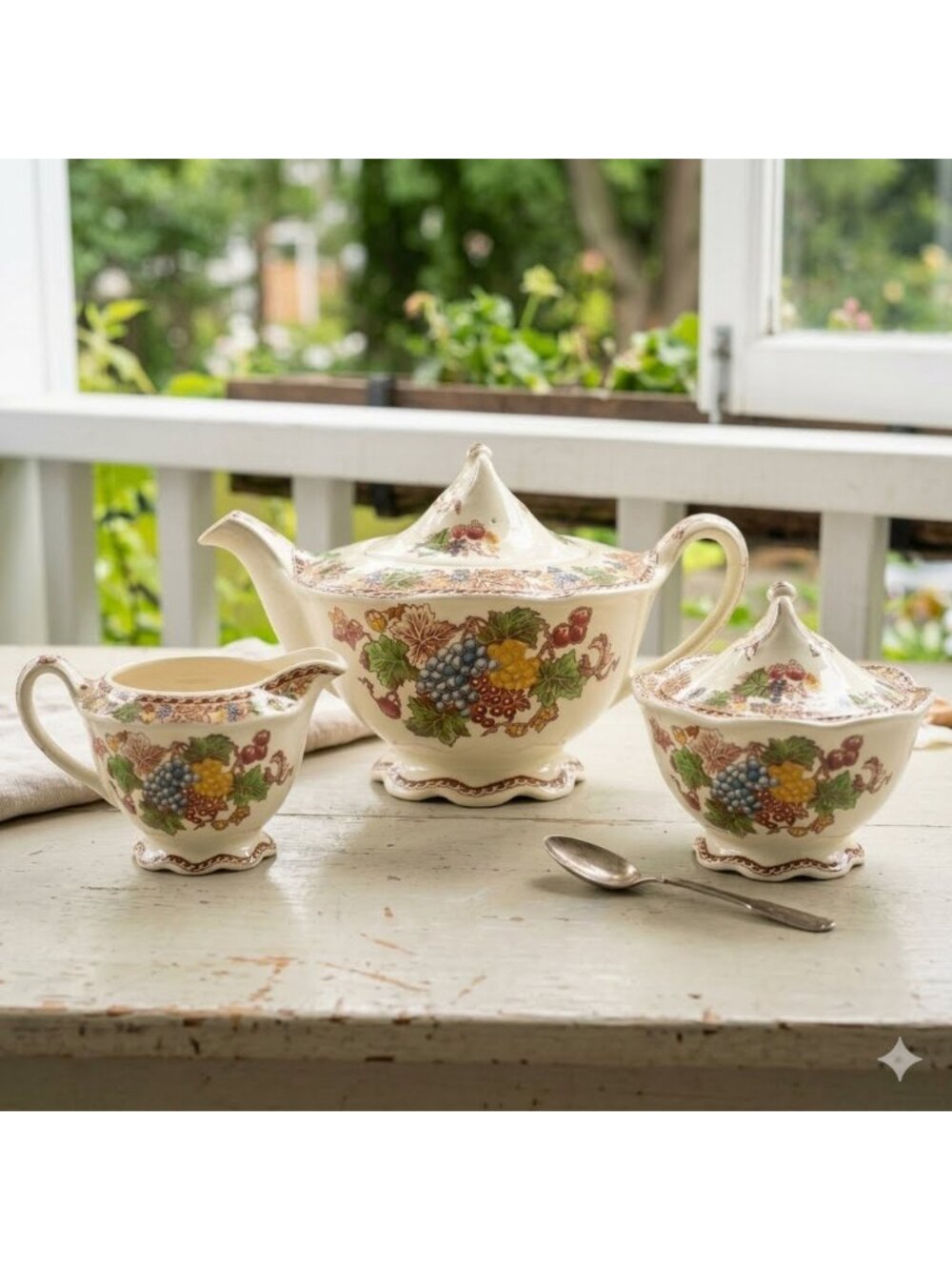 Vintage Wood & Sons Hyde China Teapot, Sugar Bowl, Creamer, Lids Transferware
